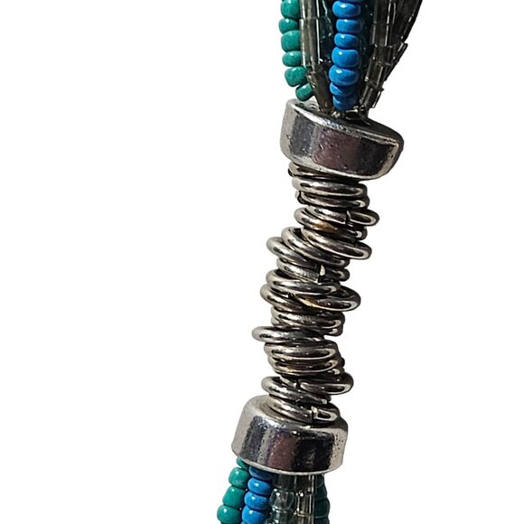 Southwest Boho Blue Seed Bead Necklace Multi Strand Silver Accent Spacers Women - Picture 3 of 6
